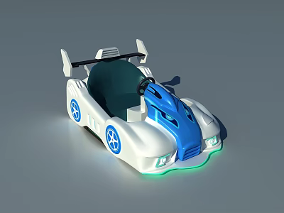 Fun White Blue Toy Go Kart With Green Lights Blue Rims Steering Wheel And Seat 3d model