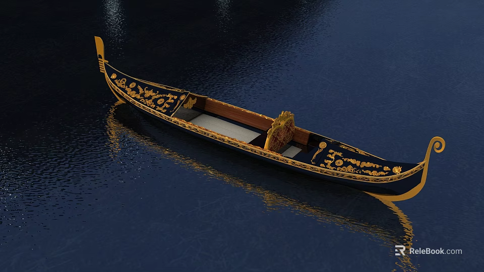 Wooden Gondola With Golden Ornate Patterns Floating On Calm Water With Reflection 3d model 