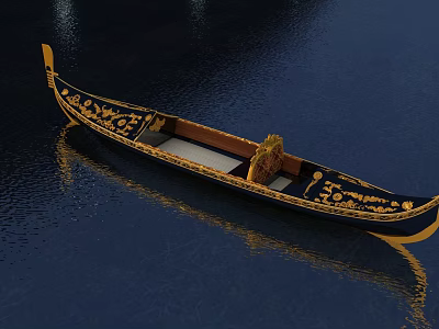 Wooden Gondola With Golden Ornate Patterns Floating On Calm Water With Reflection 3d model