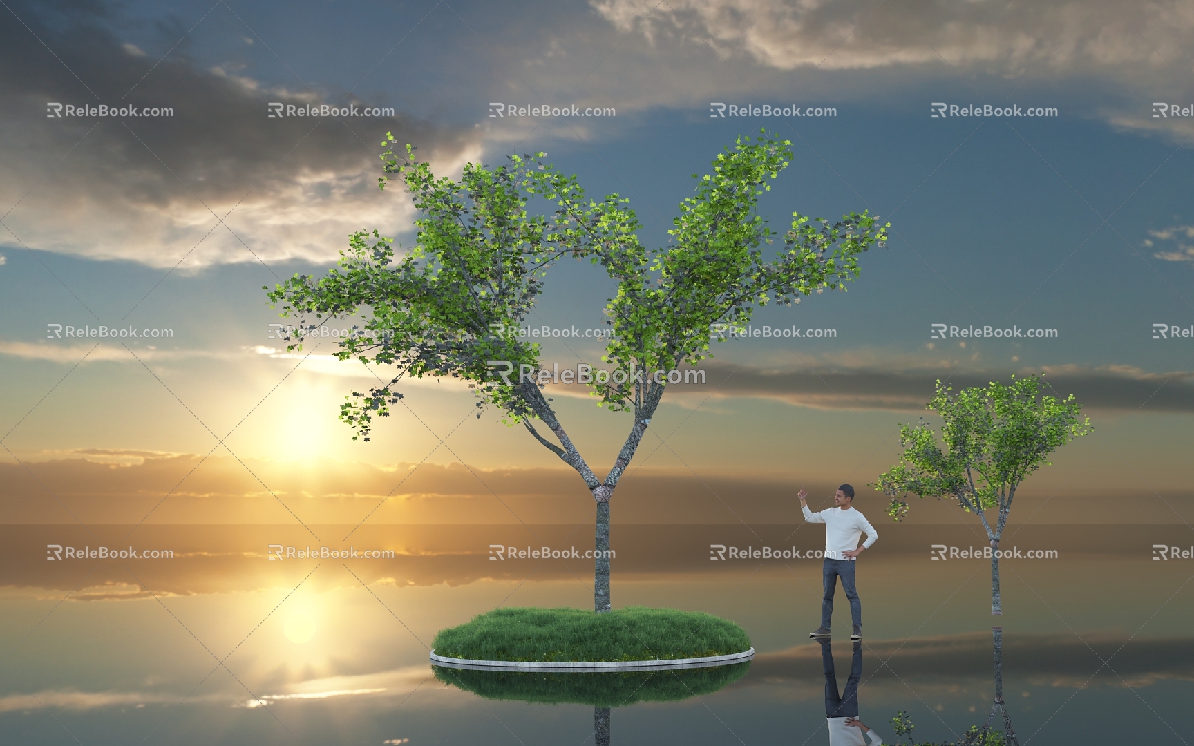 Trees Big Trees Plants Green Planting Green Leaves Street Trees City Greening Park Plants Lawn Grass Figures Men People Outdoor Sky 3d model