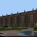 Red Brick Residential Building With Decorative Roof Large Windows And Landscaped Garden