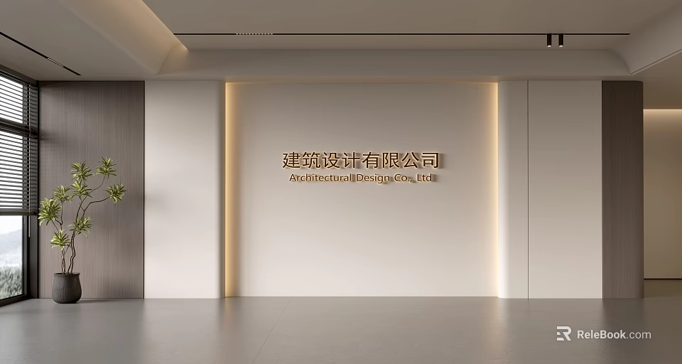 Modern Minimalist White Office Background Wall with Gold Company Text and Potted Plant 3d model 