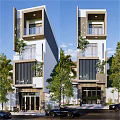 Modern Detached House Exterior with Balconies Greenery Trees and Blue Car