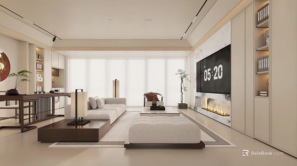 Modern Minimalist Living Room Interior With White Sofa Coffee Table And Fireplace Floor-to-Ceiling Windows 3d model 