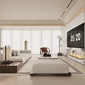 Modern Minimalist Living Room Interior With White Sofa Coffee Table And Fireplace Floor-to-Ceiling Windows