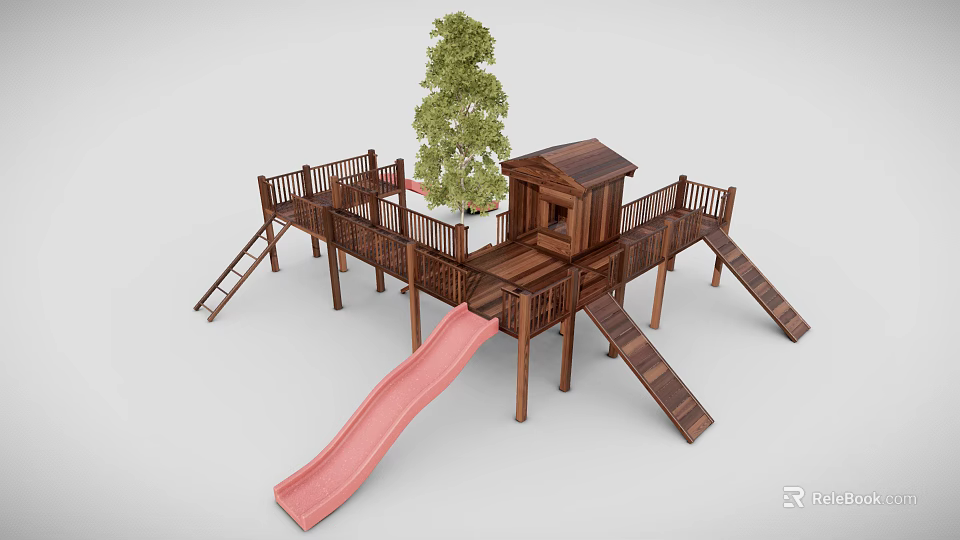 Outdoor Wooden Playground Equipment with Slide Platform and Cabin Structure 3d model 