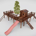 Outdoor Wooden Playground Equipment with Slide Platform and Cabin Structure