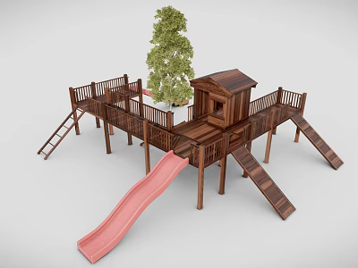 Outdoor Wooden Playground Equipment with Slide Platform and Cabin Structure 3d model