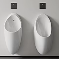 Two Modern White Urinals Mounted on Grey Wall with Black Control Panels