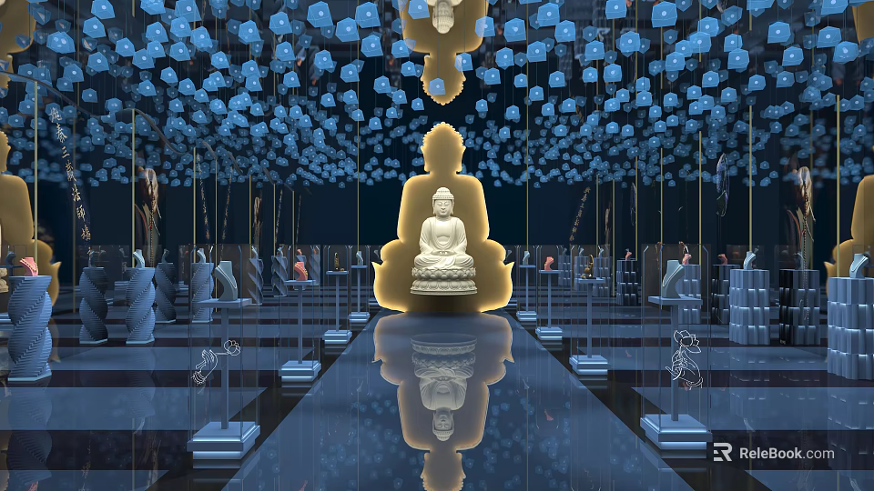 Serene Hall Interior With Central Buddha Statue Blue Lanterns Hanging From Ceiling And Floor Reflection 3d model 