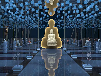 Serene Hall Interior With Central Buddha Statue Blue Lanterns Hanging From Ceiling And Floor Reflection 3d model