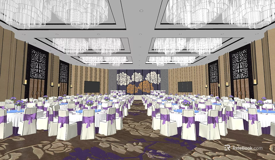 Elegant Banquet Hall With Purple Ribbon Chairs Chandeliers And Decorative Backdrop 3d model 