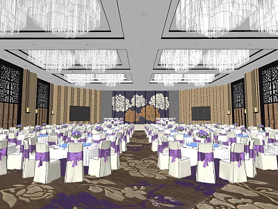 Elegant Banquet Hall With Purple Ribbon Chairs Chandeliers And Decorative Backdrop 3d model