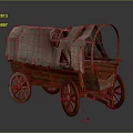 Vintage Old Covered Wagon Featuring Wooden Structure Worn Canvas Cover and Rustic Wooden Wheels