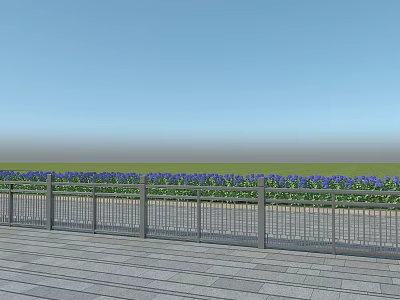 Metal Fence With Wooden Deck And Green Grass Under Blue Sky 3d model