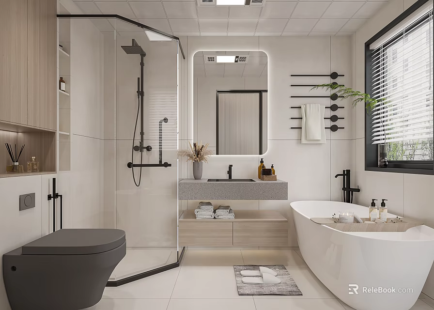 Modern Bathroom With Glass Shower Freestanding Bathtub And Smart Toilet 3d model 