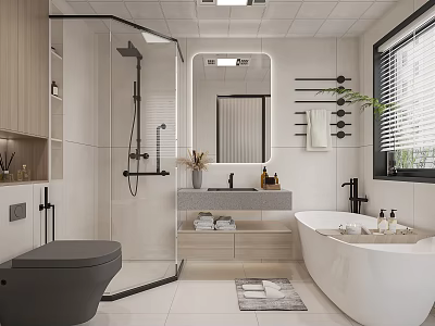 Modern Bathroom With Glass Shower Freestanding Bathtub And Smart Toilet 3d model