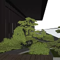 Home Balcony With Green Plants Pine Trees Wooden Flooring Stone Pathway And Mountain River View