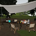 Garden Landscape With Green Grass Trees White Canopy And Outdoor Dining Setup