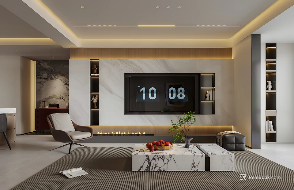 Modern Living Room Interior Design With Marble Wall Large TV Bookshelves Fireplace And Coffee Table 3d model 