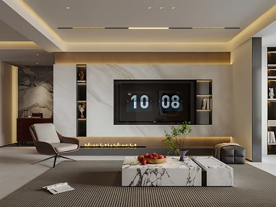 Modern Living Room Interior Design With Marble Wall Large TV Bookshelves Fireplace And Coffee Table 3d model