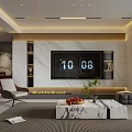 Modern Living Room Interior Design With Marble Wall Large TV Bookshelves Fireplace And Coffee Table