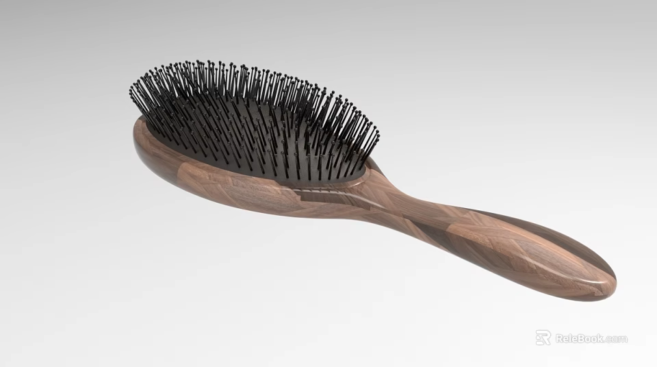 Natural Wooden Handle Hair Brush With Black Bristles And Ergonomic Design 3d model 
