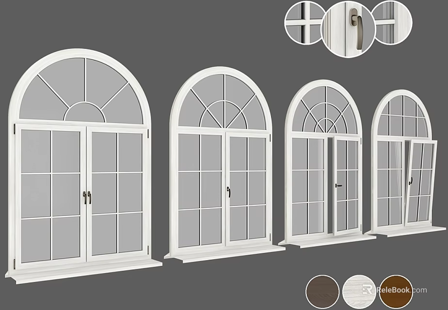 White Arched Top Casement Windows With Grid Panels And Multiple Color Options 3d model