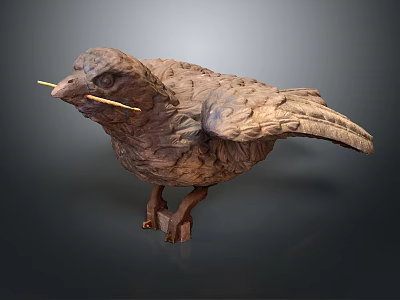 Artistic Wooden Bird Sculpture With Detailed Feathers and Standing Pose on Base 3d model