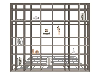 Modern Gray Grid Design Open Bookcase With Multiple Shelves Books And Decorative Sculptures 3d model