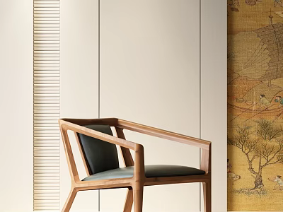Elegant Wooden Frame Leisure Chair with Dark Cushion and Vertical Striped Wall Decorative Painting 3d model