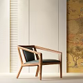 Elegant Wooden Frame Leisure Chair with Dark Cushion and Vertical Striped Wall Decorative Painting