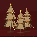 Festive Illuminated Green Christmas Trees Decorated With Golden Stars And String Lights Against Red Background