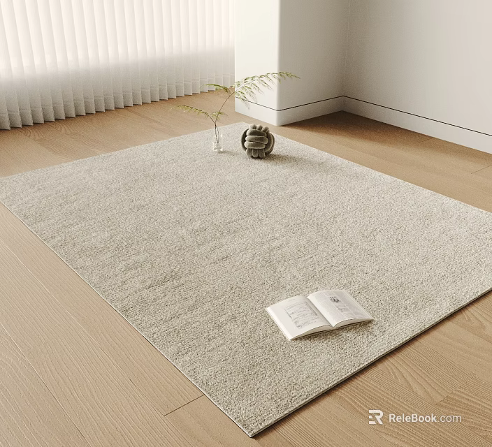 Soft Neutral Square Rug on Wooden Floor with Open Book and Vase 3d model 