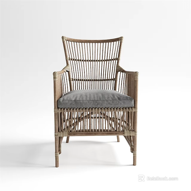 Rattan Leisure Chair with Gray Padded Seat and Armrests for Comfortable Relaxation 3d model 
