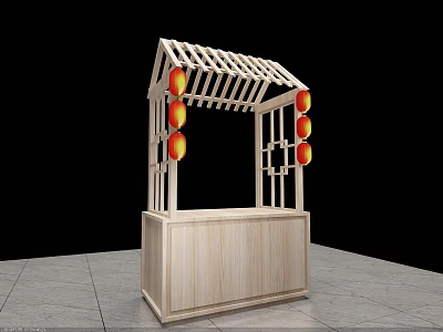 Tech Exhibition Hall Interior with Wooden Structure Red Lanterns and Lattice Roof 3d model