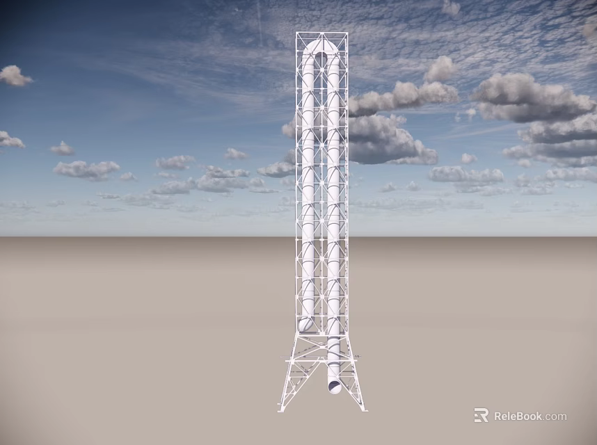 Tall White Metal Tower Structure On Open Ground With Blue Sky And Clouds 3d model 