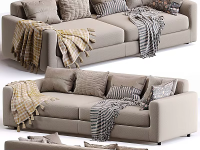 Comfortable Beige Multi Seater Sofa With Plaid Striped Blankets And Decorative Pillows 3d model