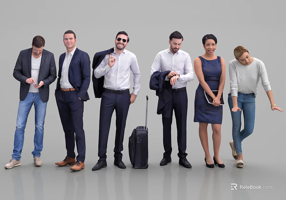 Diverse group of people in formal and casual wear standing with luggage 3d model 
