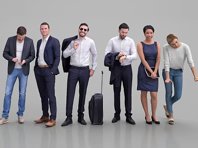 Diverse group of people in formal and casual wear standing with luggage 3d model