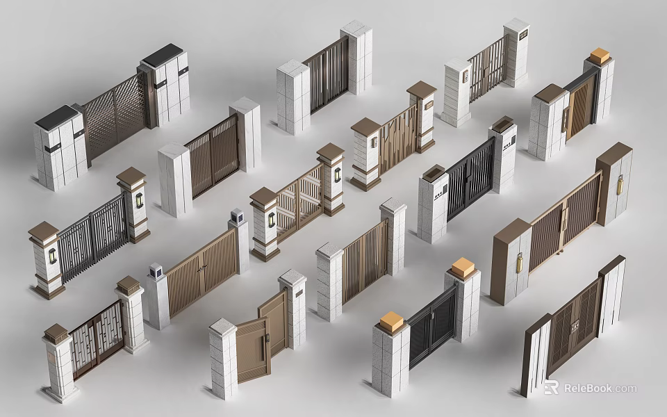 Entrance Gates With Various Designs Multiple Styles Metal Wooden Frames And Modern Decorative Pillars 3d model 