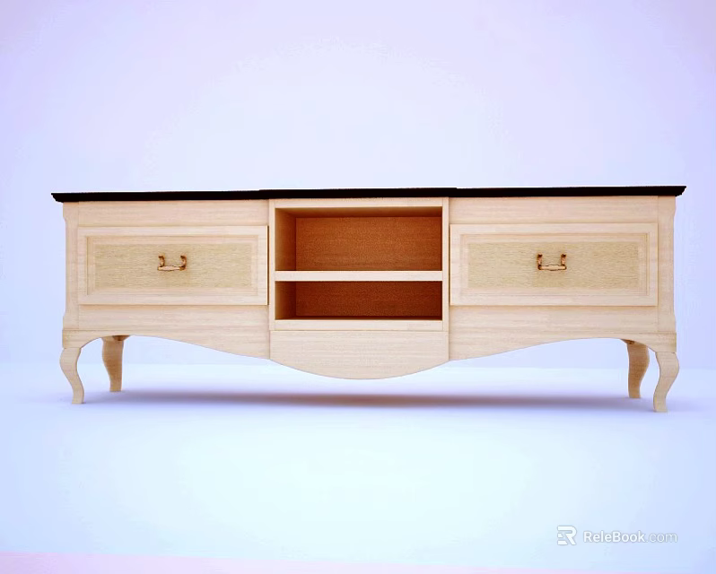 Wooden TV Stand Featuring Two Drawers Open Shelf And Curved Legs Design 3d model 