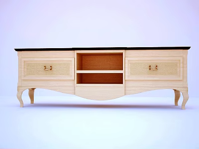 Wooden TV Stand Featuring Two Drawers Open Shelf And Curved Legs Design 3d model