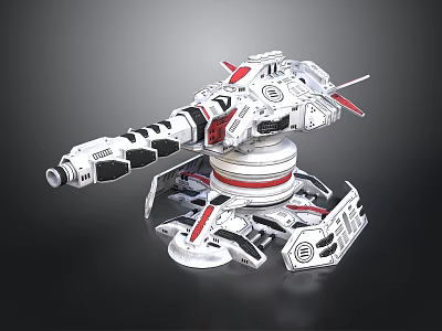 Futuristic Mechanical Weapon with White Red Black Color Scheme Rotating Base and Cannon Barrel Design 3d model