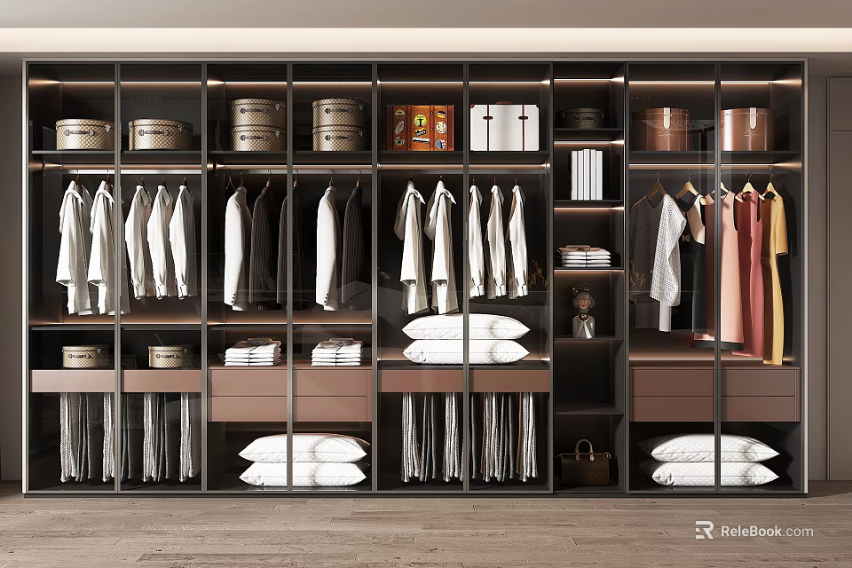 Contemporary Organized Wardrobe Interior With Hanging Apparel Folded Linens And Storage Bins 3d model 