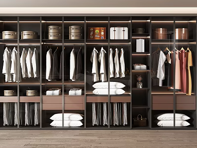 Contemporary Organized Wardrobe Interior With Hanging Apparel Folded Linens And Storage Bins 3d model