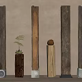Rustic Wooden Columns With Natural Texture And Decorative Plant