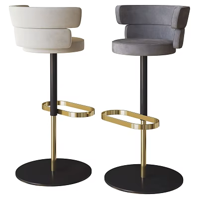 Modern Bar Stools With Beige And Gray Velvet Seats Gold Metal Rings And Black Bases 3d model