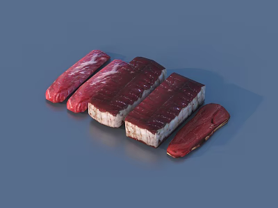 Fresh Raw Meat Pieces In Different Shapes Displayed On Blue Background 3d model