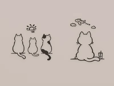 Cartoon Cat Wall Decor Featuring Back View Cats Sun Airplane Clouds And Cup 3d model